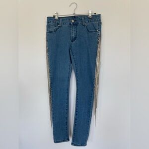 NWT Glamorous Blue Skinny Jeans with Silver Rhinestone Fringe Accents